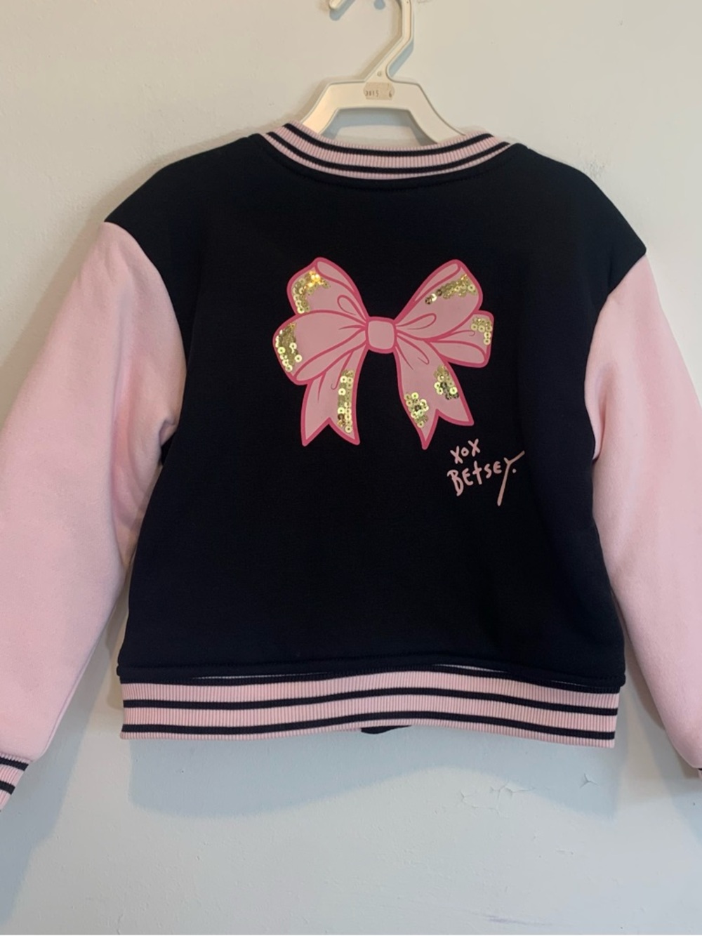 Betsey Johnson Ribbon Sequins Bomber Jacket Pink & Black Girl’s 6 - Picture 2 of 8